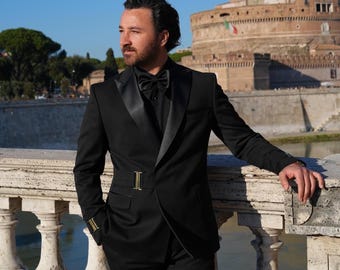 Slim Fit Black Tuxedo: Satin Shawl Collar, Gold Buckles