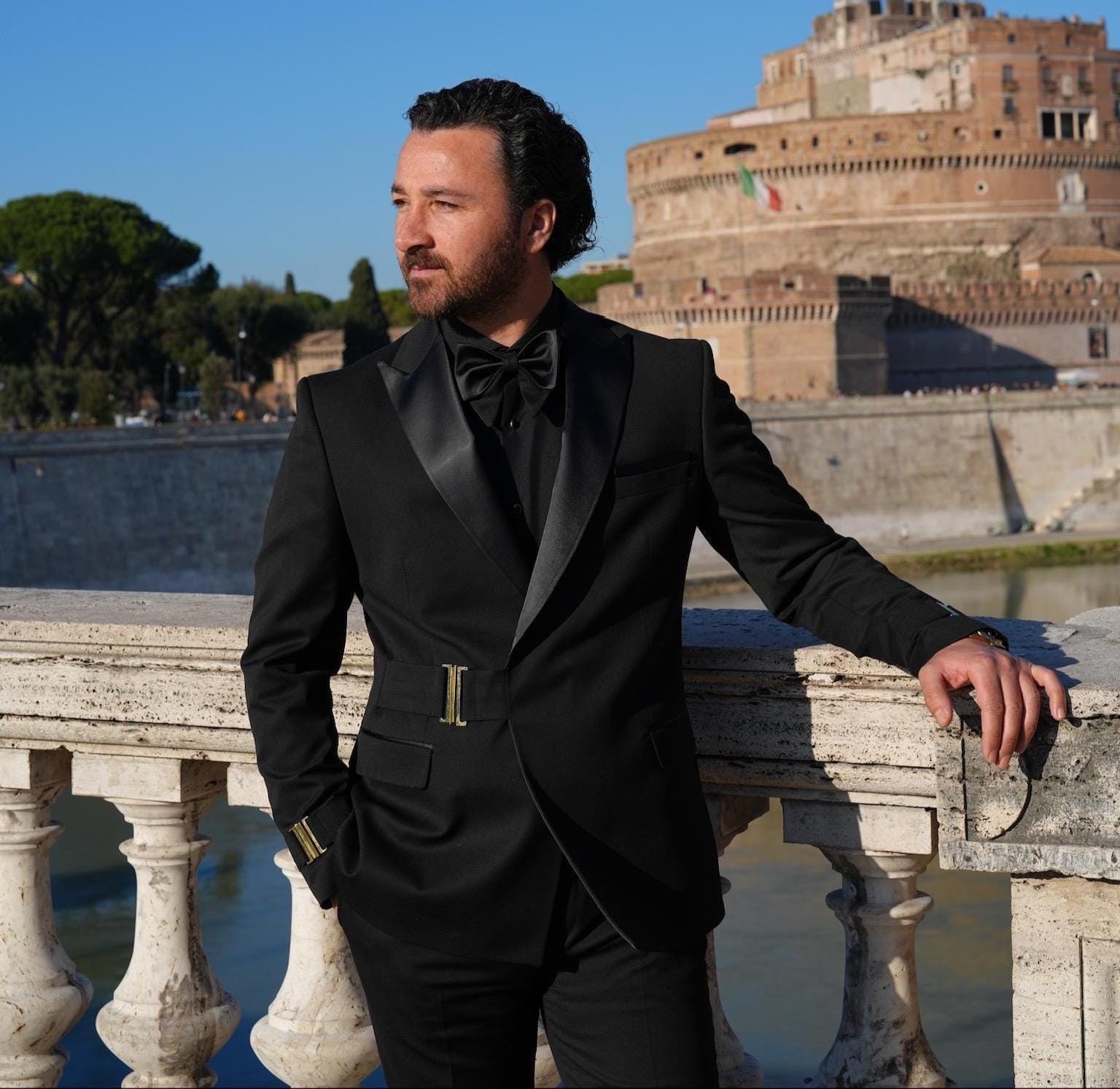 Slim Fit Black Tuxedo: Satin Shawl Collar, Gold Buckles - Etsy 日本