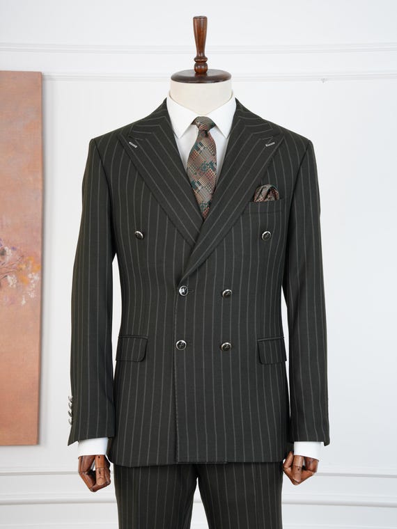Men's Haki Pinstripe Double Breasted Suit: Peak Lapel Wedding Suit Men's Haki Pinstripe Double Breasted Suit: Peak Lapel Wedding Suit