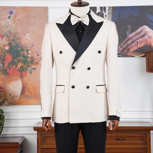 Cream Floral Double Breasted Tuxedo: Satin Lapel Wedding Suit by Parez