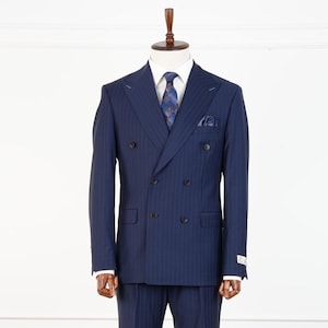 Navy Pinstripe Wool Suit: Slim Fit Double Breasted Wedding Tuxedo