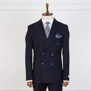 Pinstripe Wool Suit: Blue Double-Breasted Classic Fit