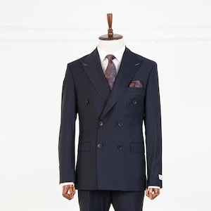Navy Wool Pinstripe Double-Breasted Suit: Slim Fit Stretch Fabric