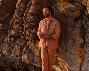 Terracotta Linen Safari Suit: 2-Piece Summer Set for Men