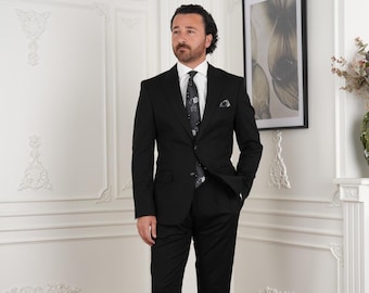 Traje negro para hombre, corte entallado, conjunto formal de 2 piezas, chaqueta y pantalón, trajes Parez