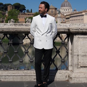 Ivory Double Breasted Wedding Tuxedo: Slim Fit Suit with Black Pants
