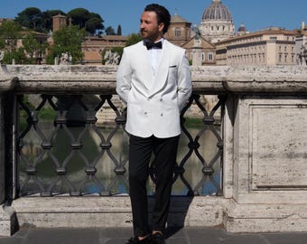 Ivory Double Breasted Wedding Tuxedo: Slim Fit Suit with Black Pants