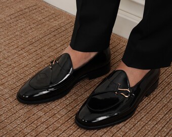Mens Italian Leather Loafers: Shiny Black Dress Shoes With Gold Buckle -  Etsy