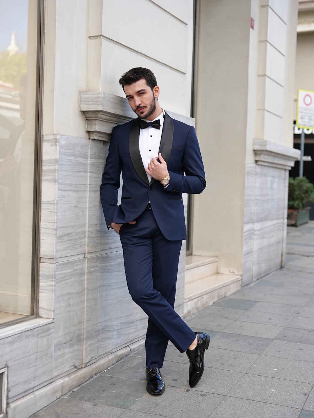 blue dress shirt with bow tie Navy Tuxedo Suit: Slim Fit Shawl Lapel Gigi Hadid Wore a RD-12.04.24 French cuffs designed for Experience:Prestige