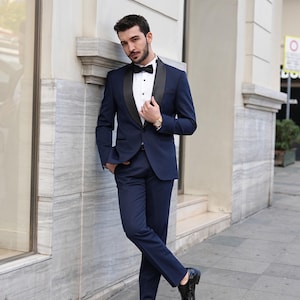 Mens Tuxedo Suit for Men Slim Fit Navy suit Groom tuxedo for Groom wedding suit for men dark blue suit blue tuxedo shawl label suit for men