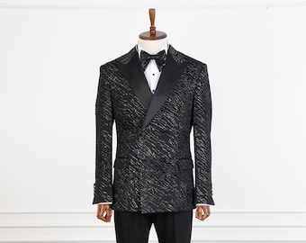 Black Velvet Tiger Print Tuxedo: Double-Breasted Satin Lapel Suit
