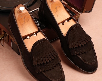 Men's Handmade Brown Suede Loafers Kiltie Tassel Leather Dress Shoes