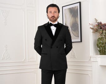 Black Tuxedo Suit: Velvet Lapel, Slim Fit, Double Breasted - Free Bow Tie