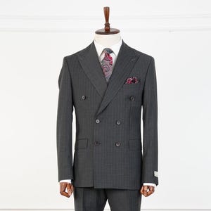 Grey Pinstripe Wool Suit: Men&#39;s Slim Fit Double Breasted Business Suit
