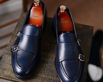Mens Italian Leather Loafers: Navy Blue Dress Shoes