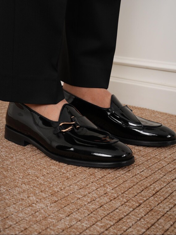 Mens Italian Leather Loafers: Shiny Black Dress Shoes With Gold Buckle - Etsy Mens Italian Leather Loafers: Shiny Black Dress Shoes With Gold Buckle - Etsy