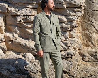 Olive Green Linen Safari Suit: 2-Piece Summer Set