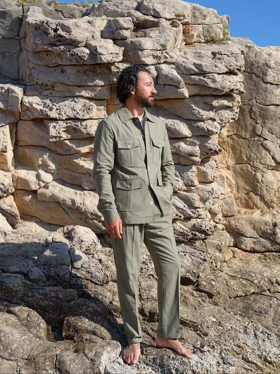 Safari Suit Jacket Linen Suit Olives Green Linen Safari Suit For