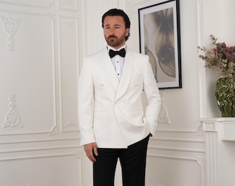 White Italian Tuxedo: Double-Breasted Wedding Suit with Satin Lapel