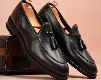 Black Leather Tassel Loafers, Calfskin Lined, Lightweight EVA Sole