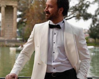 Ivory Double Breasted Tuxedo: Italian Wedding Suit with Shawl Lapel