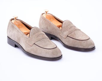 Handmade Beige Suede Penny Loafers: Classic Men's Dress Shoes