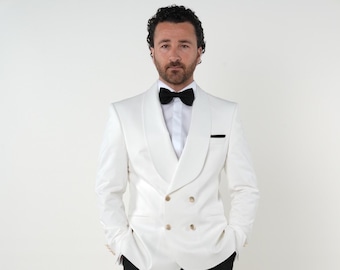 White Double Breasted Tuxedo: Slim Fit Wedding Suit with Black Pants