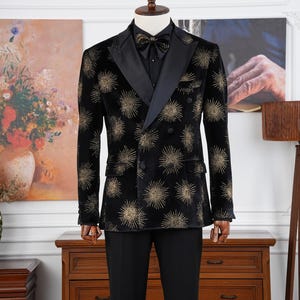 Gold Embroidered Black Velvet Tuxedo: Men&#39;s 3-Piece Slim Fit Suit