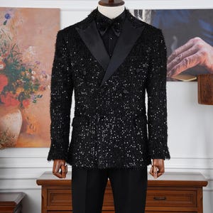 Sequin Double Breasted Tuxedo: Sparkle Black Slim Fit Suit