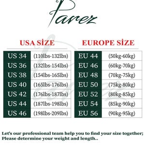 Puede incluir: Una tabla de tallas de la marca "Parez", que compara las tallas de EE. UU. y Europa. Incluye rangos de peso en libras y kilogramos. El texto en la parte inferior anima a los clientes a determinar su peso y longitud.