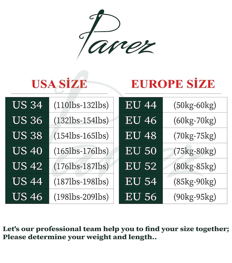 Puede incluir: Una tabla de tallas de la marca "Parez", que compara las tallas de EE. UU. y Europa. Incluye rangos de peso en libras y kilogramos. El texto en la parte inferior anima a los clientes a determinar su peso y longitud.