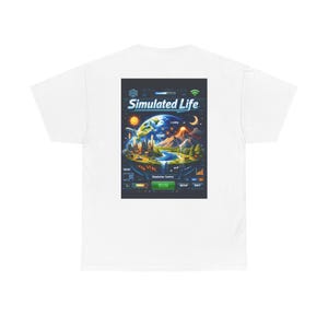 May include: White t-shirt featuring a vibrant graphic of a simulated world with the text "Simulated Life." The design includes a cityscape, mountains, and a loading bar, with a "RUN" button at the bottom. The overall theme is technology and gaming.
