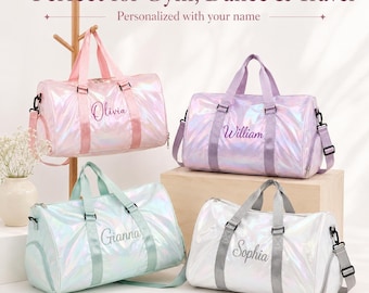 Personalized Iridescent Gym Bag with Name, Custom Dance Duffel Bag, Girls Travel Weekender with Shoe Compartment