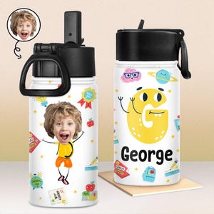 Personalized Kids Water Bottle – Custom School Bottle with Photo and Initial – Back to School Gift with Name for Boys or Girls