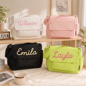Aangepaste crossbodytas met naam, gepersonaliseerde canvas schoudertas, schooltas voor kinderen, gehaakte patch cadeau voor meisjes