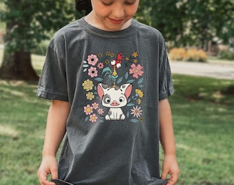 Camiseta juvenil Pua y Heihei de Comfort Colors®, camiseta de Disney Pig y Gallo, camiseta infantil de Moana con animales, camiseta de Disney Floral Vacation