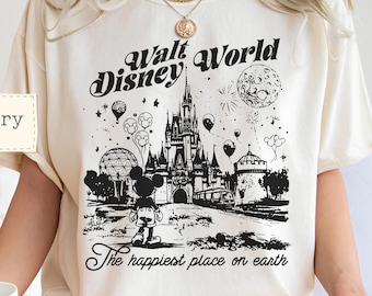 Comfort Colors® vintage Disney World-shirt, T-shirt gelukkigste plek op aarde, retro shirt Mickey Minnie Disneyland, T-shirt Walt Disney Trip