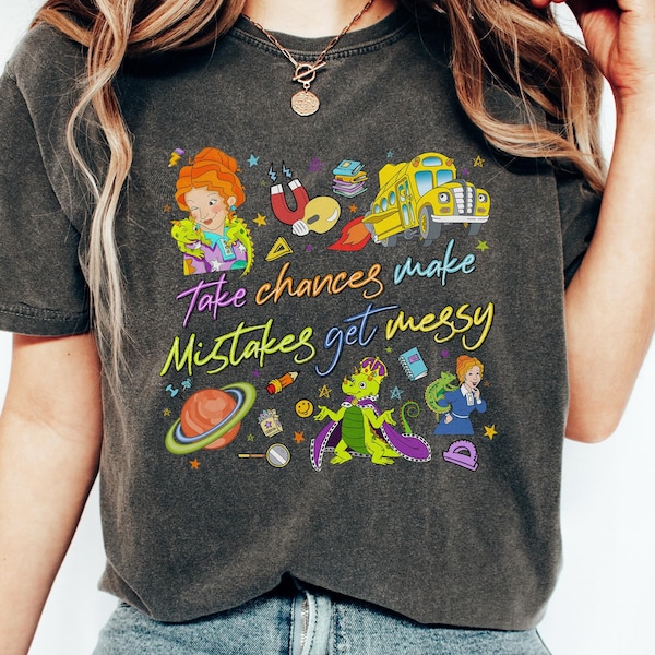 Camiseta "Arriesgarse, cometer errores, ensuciarse", camiseta de Miss Frizzle, regalo de regreso a clases, camiseta del autobús escolar mágico, camiseta de maestro, camiseta "Ensuciarse"