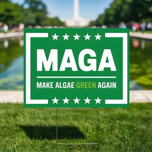 May include: A rectangular green yard sign with white text that reads MAGA and MAKE ALGAE GREEN AGAIN. The sign features a white border and five white stars positioned above and below the text, supported by a thin metal wire frame stand.