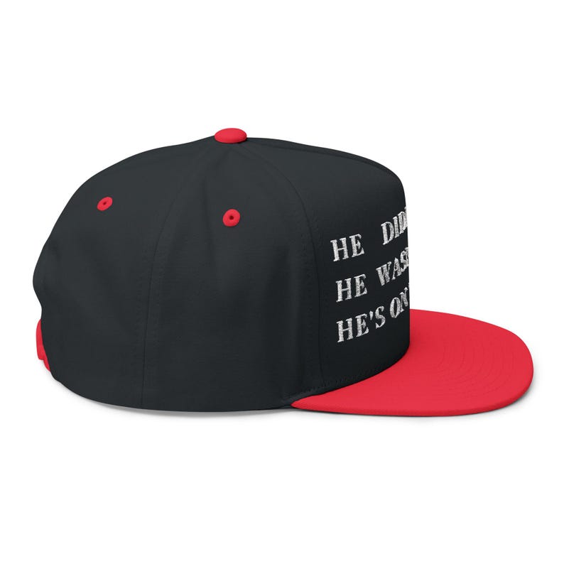 Gorra plana bordada. No ganó. No le dispararon. Está en la lista. Roja. Burlándose de Trump. Estilo MAGA. Equipo de protesta perfecto. Declaración satírica. Black/Red