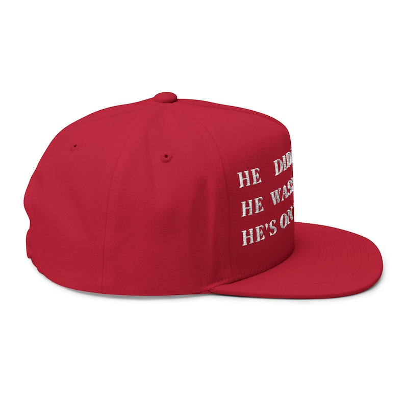 Gorra plana bordada. No ganó. No le dispararon. Está en la lista. Roja. Burlándose de Trump. Estilo MAGA. Equipo de protesta perfecto. Declaración satírica. imagen 8