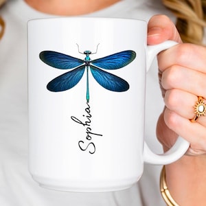 Dragonfly Ceramic Mug, Personalized Name cup, Dragonfly Lover Gift, Dragonfly Gift for her, Dragonfly Tea Mug, Gift for Mom, Dragonfly, 15oz