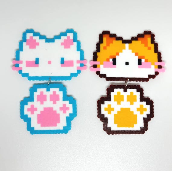 Pixel Cat & Paw Perler Bead Charm | Handmade Keychain or Magnet - Etsy
