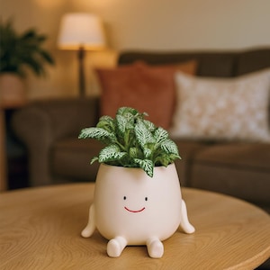 Könnte beinhalten: Ein skurriler, cremefarbener Keramik-Pflanztopf in Form einer Figur mit einem lächelnden Gesicht und kleinen Beinen. Er enthält eine leuchtend grüne Pflanze mit weiß geäderten Blättern. Der Topf steht auf einem runden Holztisch.