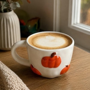 Chunky pumpamugg | Keramisk kaffekopp med 3D-pumpor | Höstmugg | Halloween-tekopp