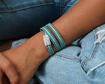 Turquoise Leather and Chain Wrap Bracelet