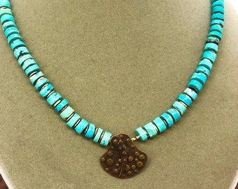 SALE / READY to SHIP / Turquoise Heishi and Bronze Necklace