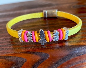 New Hula Girl Bangle / Colorful Leather Bracelets / Bright Leather Bangles / Fun Leather Jewelry / Silver Stacking Bracelet /  Hawaii Theme