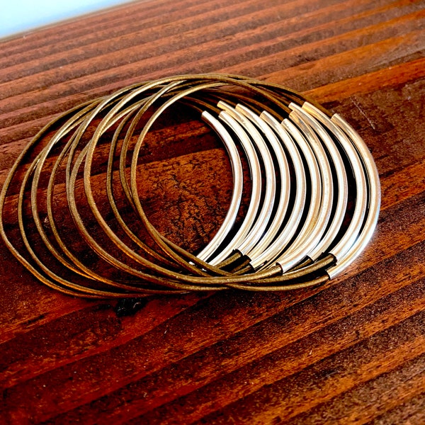 Bronze Leather Bangles / Set of 10 Bracelets / Silver Tube Bangles / Stacking Bracelets / Leather Jewelry