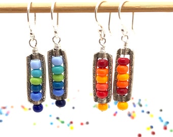 Colorful Bead Earrings / Bright Dangle Earrings / Glass Beads Jewelry / Silver Beaded Earrings